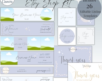 Kit de marca de tienda de Etsy Canva, paquete de plantillas de listado de Etsy moradas, banners de tienda, encabezados e íconos de tienda