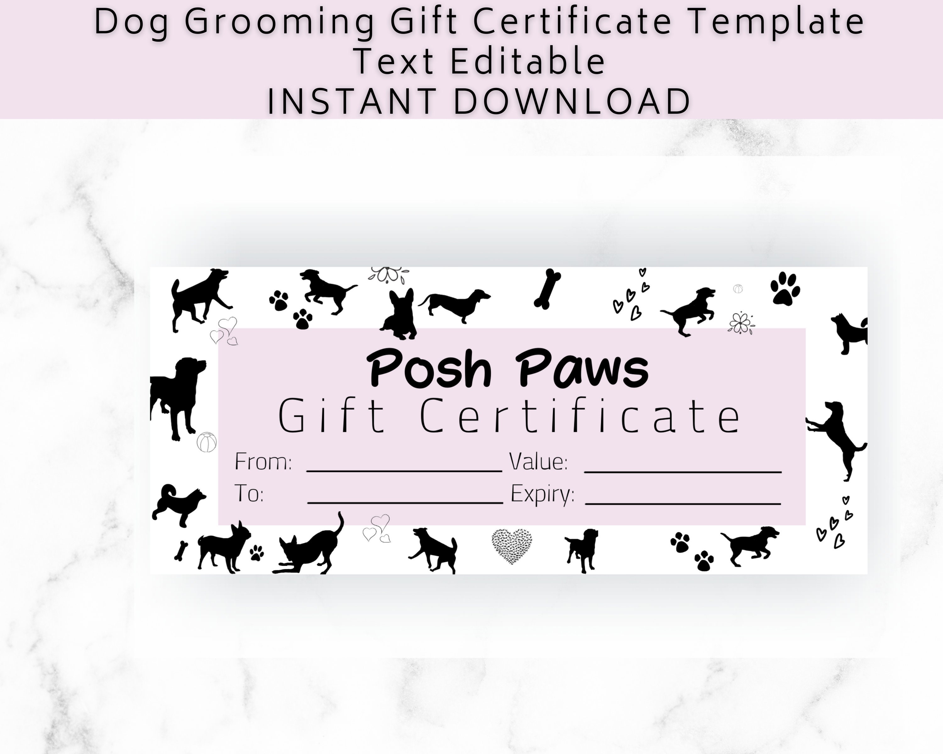 Gift Certificate Template Dog Grooming. DIY Gift Voucher for small business  . Add your logo. Editable digital download. With Dog Grooming Record Card Template