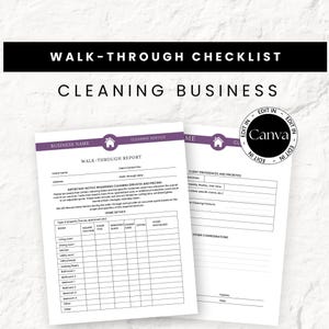 May include: Two white paper forms with purple accents, labeled "Walk-Through Checklist" and "Cleaning Business." The forms include sections for client information, home details, and cleaning preferences. The Canva logo is visible.
