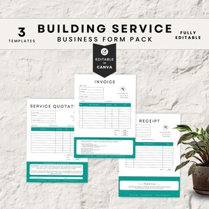 Op de afbeelding: Een business form pack met drie sjablonen: factuur, service offerte en ontvangstbewijs. De formulieren zijn wit met teal accenten en volledig bewerkbaar in Canva. De tekst bevat "Building Service Business Form Pack" en "Thank You."