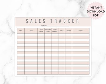 May include: A printable sales tracker spreadsheet with columns for date, item, sale price, shipping cost, total charge, fees, profit, and notes. The spreadsheet has a light pink background and black text.