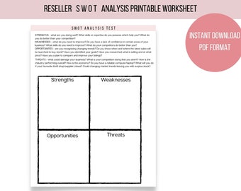 Business SWOT Analysis Printable | Reseller Business improvement identifying Strengths, Weaknesses, Opportunities and Threats