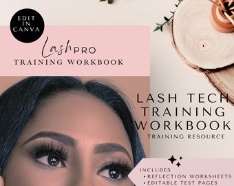 May include: A pink and brown digital training workbook for lash technicians. The cover features a close-up of a woman's eye with long eyelashes and the text "LashPRO TRAINING WORKBOOK". The text "LASH TECH TRAINING WORKBOOK TRAINING RESOURCE" is also included. The workbook includes reflection worksheets and editable test pages.