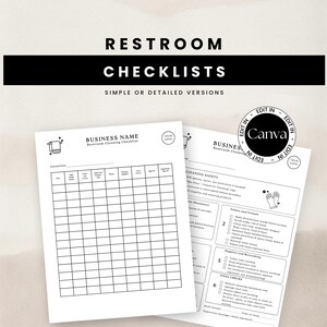 Puede incluir: Dos listas de verificación de limpieza de baños imprimibles. El texto superior dice "RESTROOM CHECKLISTS" y "SIMPLE OR DETAILED VERSIONS". Las listas incluyen secciones para el nombre de la empresa, la ubicación y las tareas de limpieza.