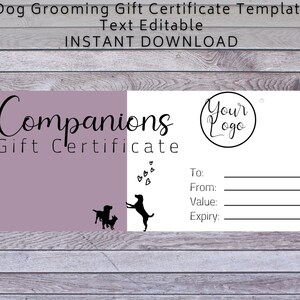 Plantilla de certificado de regalo para peluquería canina. Vale de regalo DIY para pequeñas empresas. Agregue su logotipo. Descarga digital editable.