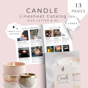 Modello di catalogo per fogli di linea di candele, modello di listino prezzi all'ingrosso, brochure di fogli di linea di 13 pagine, modificabile Canva, foglio di vendita dei prodotti, CMB