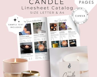 Plantilla de catálogo de hoja de líneas de velas, plantilla de lista de precios al por mayor, folleto de hoja de líneas de 13 páginas, Canva editable, hoja de ventas de productos, CMB