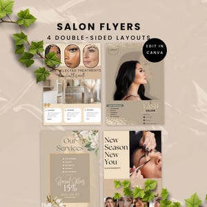 May include: Four double-sided flyers for a salon, featuring images of models with eyelashes, makeup, and hair. The flyers advertise services like lash extensions, makeup, and hair styling. The text on the flyers includes "Salon Flyers", "Our Services", "New Season New You", "Special Offers 15% Discount", and "Lash Salon".