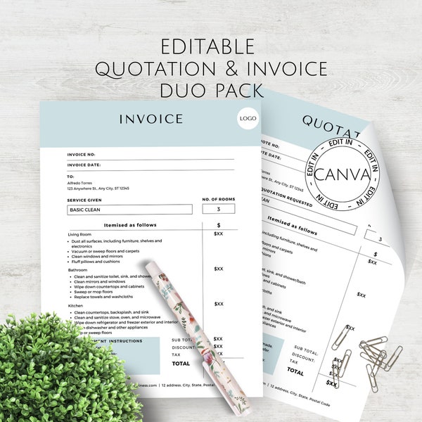 Cleaning Service Quote Template and Invoice Template, Editable Cleaning Proposal Template, Add your logo Canva Business Templates,