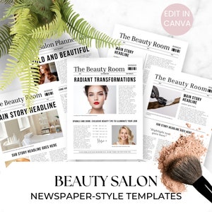 Plantilla de periódico editable para boletín promocional de salón de belleza, folleto para clientes de salón estilo periódico personalizable, literatura complementaria