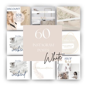 Beauty and Lifestyle Instagram Post Templates Clean White Neutral Design, 60 White Social Media Canva Templates