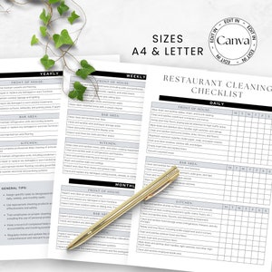 Szablon listy kontrolnej sprzątania restauracji, edytowalny szablon harmonogramu sprzątania w kuchniach, restauracjach, kawiarniach, kawiarniach, kuchniach na wynos