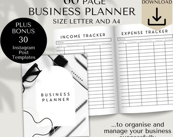 May include: A black and white image of a 60-page business planner with an income tracker and expense tracker. The planner is open to show the pages. The text "60 PAGE BUSINESS PLANNER SIZE LETTER AND A4" is at the top of the image. The text "INCOME TRACKER" is at the top of the left page. The text "EXPENSE TRACKER" is at the top of the right page. The text "...to organise and manage your business successfully" is at the bottom of the image.