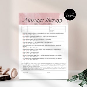 Massage Therapy Template, Client Intake Form for Beauty Salon Massage Therapist Services, Salon Consent and Waiver Editable Canva Template