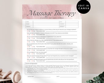Massage Therapy Template, Client Intake Form for Beauty Salon Massage Therapist Services, Salon Consent and Waiver Editable Canva Template