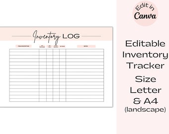 Könnte beinhalten: Editierbare Inventar-Tracker-Vorlage im Format Brief und A4. Die Vorlage hat eine rosa Kopfzeile mit dem Text "Inventory LOG" und Spalten für Artikelbeschreibung, gekaufte Menge, verkaufte Menge, Restmenge und Notizen.