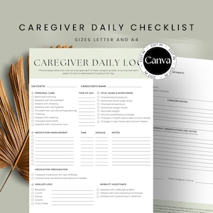Daily Checklist for Elderly Care, Editable Caregiver Printable Record Sheet, Shift Changeover, Continuity of Care Form Assisted Living Form