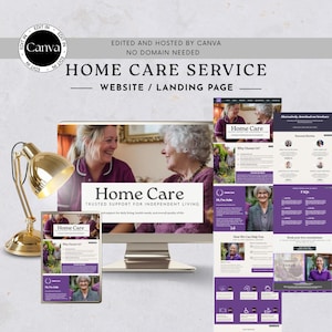 May include: A website design for a home care service, featuring a desktop computer, a tablet, and several webpage mockups. The design uses a purple and white color scheme with images of caregivers and clients. The text includes "Home Care Service" and "Trusted Support for Independent Living."
