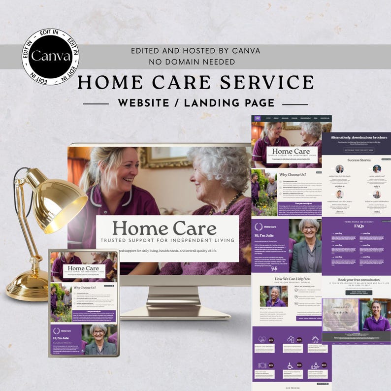 May include: A website design for a home care service, featuring a desktop computer, a tablet, and several webpage mockups. The design uses a purple and white color scheme with images of caregivers and clients. The text includes "Home Care Service" and "Trusted Support for Independent Living."