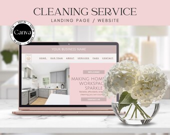 Schoonmaak zakelijke website canva, bestemmingspagina huishoudelijke en commerciële schoonmaak, canva bewerkbare webpagina professionele schoonmaker, huishoudster