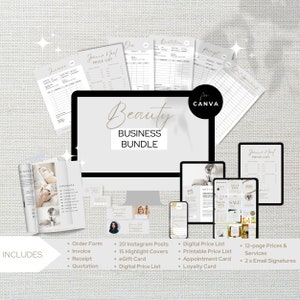 Pode incluir: Um pacote de marketing digital para empresas de beleza, com uma variedade de modelos para Canva. O pacote inclui um formulário de pedido, uma fatura, um recibo, uma cotação, 20 postagens do Instagram, 15 capas de destaque, um cartão de presente eletrônico, uma lista de preços digital, uma lista de preços imprimível, um cartão de agendamento, um cartão de fidelidade, 12 páginas de preços e serviços, e 2 assinaturas de e-mail.