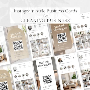 May include: Instagram-style business cards for a cleaning business. The cards feature the logo "The Little Cleaning Co" and a QR code. The cards are designed to look like Instagram profiles, showcasing images of clean homes.