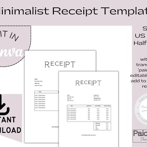Minimalist Business Receipt Template, Editable Customer Receipt in a Classic Design, with FREE Editable Paid in Full Templates to Overlay