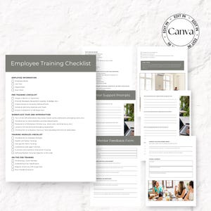 Könnte beinhalten: Eine Ansammlung weißer Papierdokumente mit dem Text "Employee Training Checklist" in einer grauen Box. Die Dokumente umfassen Checklisten, Formulare und Eingabeaufforderungen. Das Canva-Logo ist sichtbar.