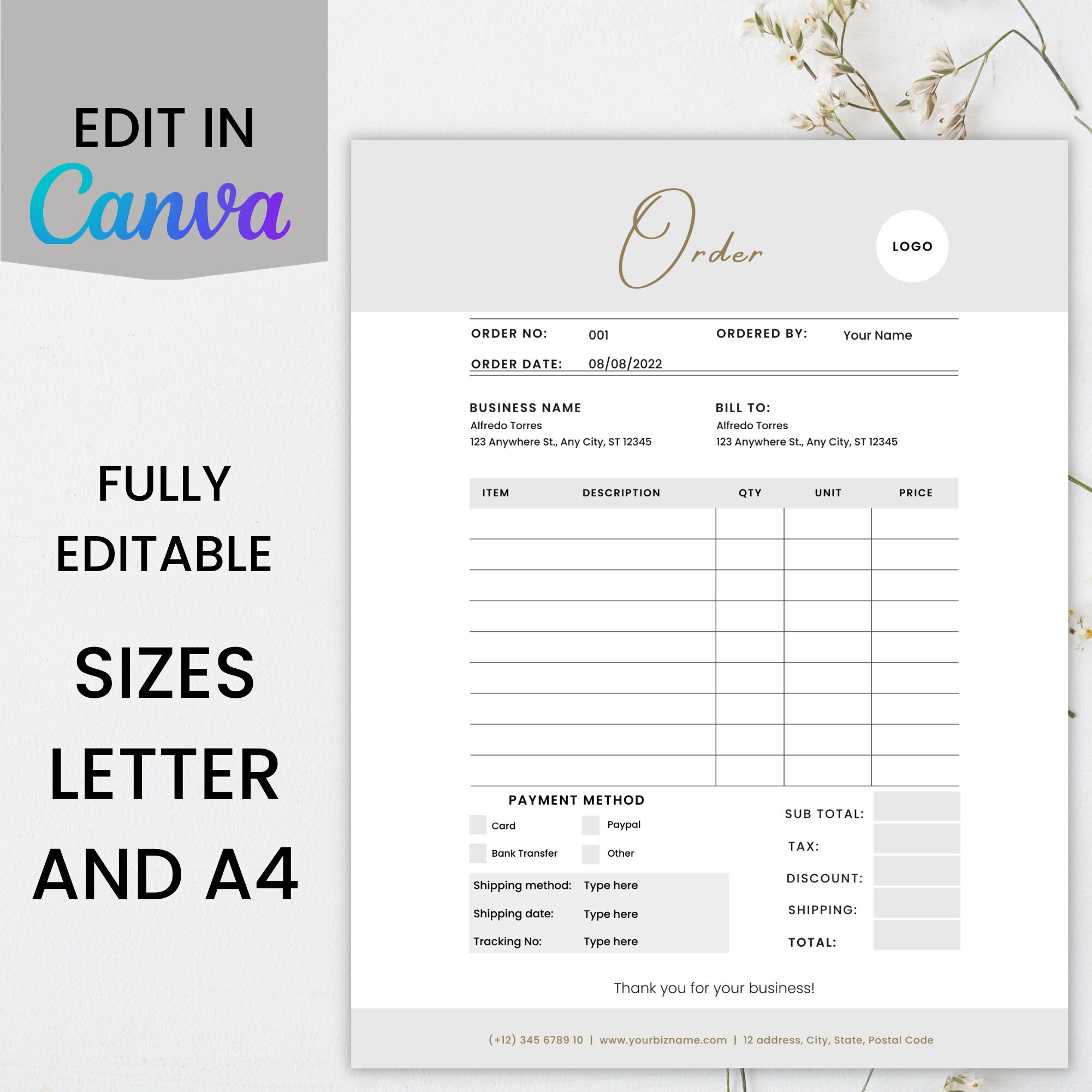 Custom Order Form Canva Template for Small Business, Editable Purchase ...