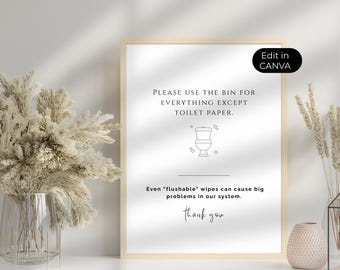 Letrero de "No tirar de la cadena" de Airbnb, plantilla editable para letrero de baño, solo papel higiénico, sistema séptico, alquiler vacacional, Canva editable