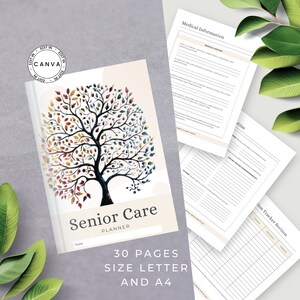 May include: A colorful planner with a tree illustration on the cover. The planner is titled "Senior Care Planner" and has the text "30 Pages Size Letter and A4".