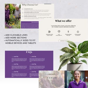 May include: A website design with sections titled "Why Choose Us?" and "What We Offer." The design includes images of people, icons, and text. The website is designed to be responsive for mobile devices and tablets.