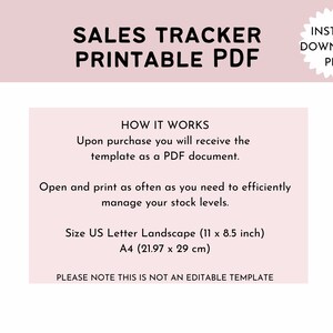 Puede incluir: Plantilla de seguimiento de ventas imprimible en PDF de color rosa. La plantilla est&aacute; dise&ntilde;ada para papel de tama&ntilde;o US Letter (11 x 8,5 pulgadas) o A4 (21,97 x 29 cm). El texto dice "Sales Tracker Printable PDF" y "C&oacute;mo funciona: Al comprar, recibir&aacute; la plantilla como un documento PDF. Abra e imprima la plantilla con la frecuencia que necesite para administrar eficientemente sus niveles de inventario. Tama&ntilde;o US Letter Paisaje (11 x 8,5 pulgadas) A4 (21,97 x 29 cm) Tenga en cuenta que esta no es una plantilla editable."
