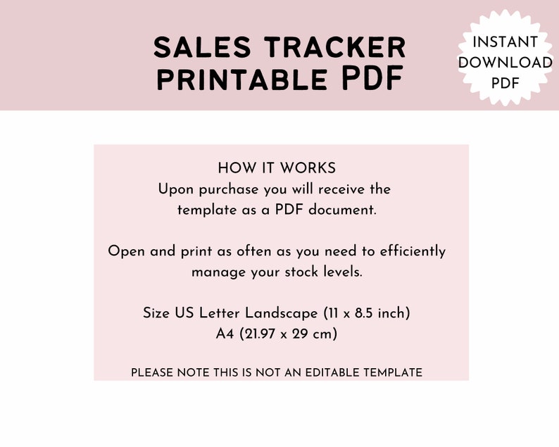 Puede incluir: Plantilla de seguimiento de ventas imprimible en PDF de color rosa. La plantilla est&aacute; dise&ntilde;ada para papel de tama&ntilde;o US Letter (11 x 8,5 pulgadas) o A4 (21,97 x 29 cm). El texto dice "Sales Tracker Printable PDF" y "C&oacute;mo funciona: Al comprar, recibir&aacute; la plantilla como un documento PDF. Abra e imprima la plantilla con la frecuencia que necesite para administrar eficientemente sus niveles de inventario. Tama&ntilde;o US Letter Paisaje (11 x 8,5 pulgadas) A4 (21,97 x 29 cm) Tenga en cuenta que esta no es una plantilla editable."