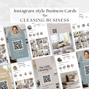 Peut inclure: Cartes de visite de style Instagram pour une entreprise de nettoyage. Les cartes présentent un logo avec le texte "The Little Cleaning Co" et "Fresh Clean Living". Les cartes ont un code QR et des images de maisons propres.