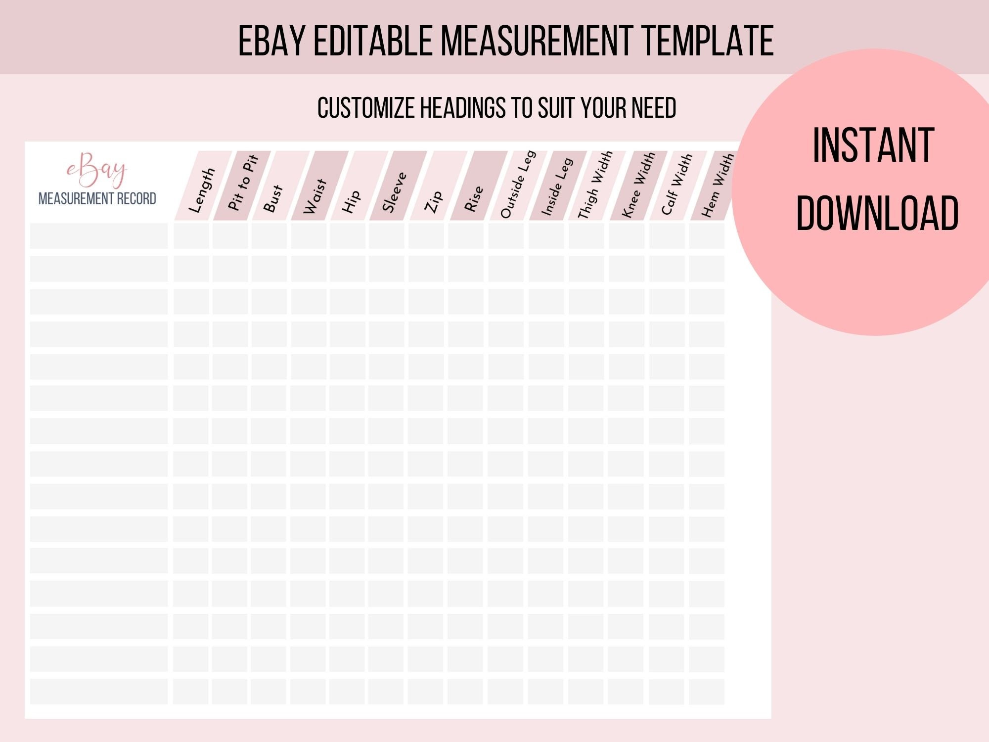 Ebay Editable Measurement Template Record of Measurements | Etsy India