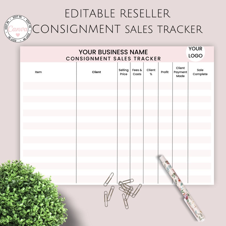 Consignment Sales Tracker Template, Editable Reseller Consignment Log