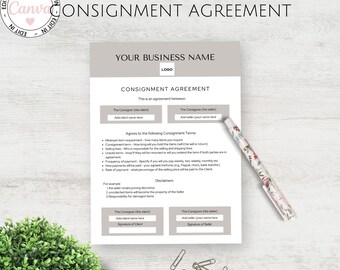 Acuerdo de tienda de consignación, plantilla de términos de consignación de revendedor editable, plantilla Canva, contrato de tienda de consignación, agregue sus términos