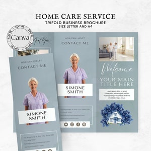 Home Care Service Trifold Brochure, Business Information Leaflet, Flyers for At Home Caregiver Business, Health Care Flyers, Canva Template