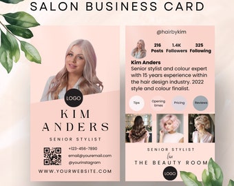 May include: A pink and white business card for a hair stylist named Kim Anders. The card features a photo of the stylist, her name, contact information, and the text "Senior Stylist for The Beauty Room".
