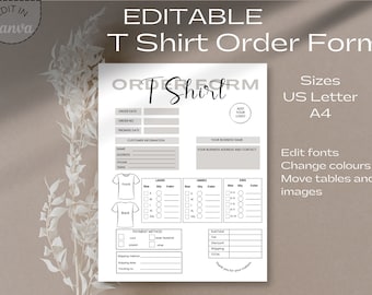 T-Shirt Order Form Template, Editable T Shirt Order Form Canva Template, Neutral TShirt Business Form, Small Business Order Form PDF