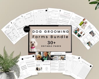 May include: A digital download of 30+ editable dog grooming forms. The forms include a newsletter template, service agreement, invoice, and more. The image shows a computer screen displaying the forms, along with a few of the forms printed out.