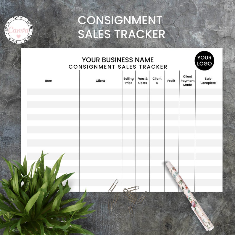 Consignment Sales Tracker Template, Editable Reseller Consignment Log Template, Canva Template image 1
