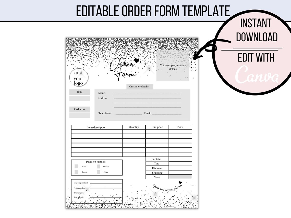 Editable Order Form Template, Black Glitter Effect Printable and ...