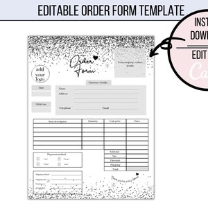 Editable Order Form Template, Black Glitter Effect Printable and Customizable Order Form, Instant Download