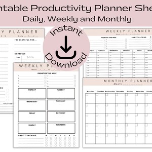 Productivity Planner Printable Pack, Daily, Weekly, Monthly Planning Sheets To Do List, Time Management Tracker