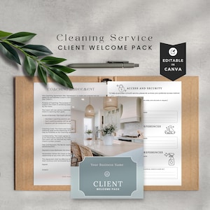 May include: A client welcome pack for a cleaning service, featuring a coaching agreement, access and security information, and reference sections. The pack includes a pen, a decorative leaf, and a card with the text "Your Business Name" and "Client Welcome Pack."