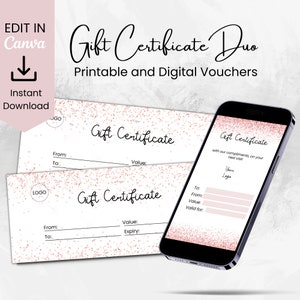 Conjunto de plantillas de certificado de regalo electrónico empresarial. Plantilla Canva para personalizar Tarjeta Regalo. Paquete de dos mensajes de texto y certificado de regalo imprimible, BB001