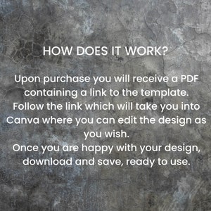 May include: Text on a gray background explaining how to use a digital template. "HOW DOES IT WORK? Upon purchase you will receive a PDF containing a link to the template. Follow the link which will take you into Canva where you can edit the design as you wish. Once you are happy with your design, download and save, ready to use."