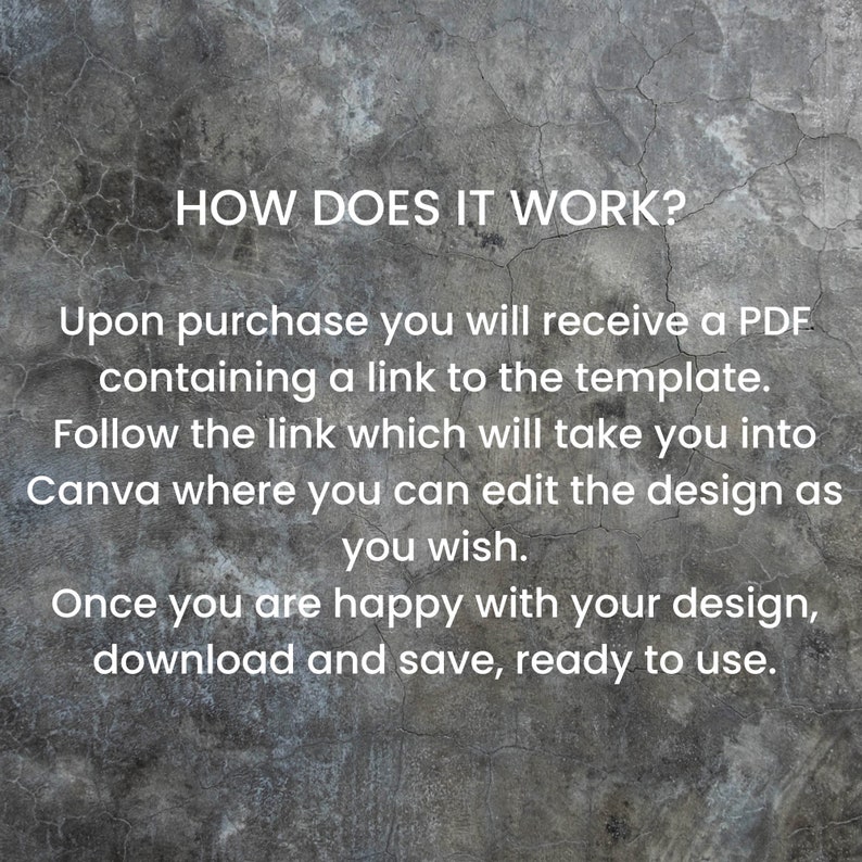 May include: Text on a gray background explaining how to use a digital template. "HOW DOES IT WORK? Upon purchase you will receive a PDF containing a link to the template. Follow the link which will take you into Canva where you can edit the design as you wish. Once you are happy with your design, download and save, ready to use."